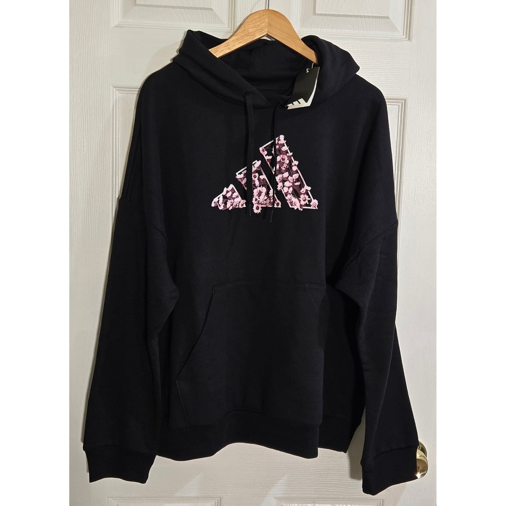 Adidas Womens Floral Badge of Sport Hoodie Black Pink KC4387 Size 2XL NWT